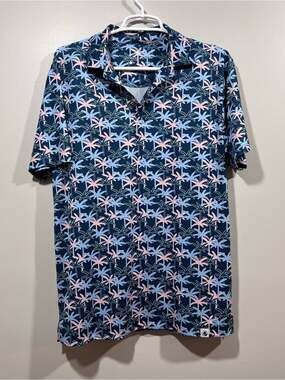 Southern Proper Navy Polo with Pink & Light Blue Palm Print Size Small